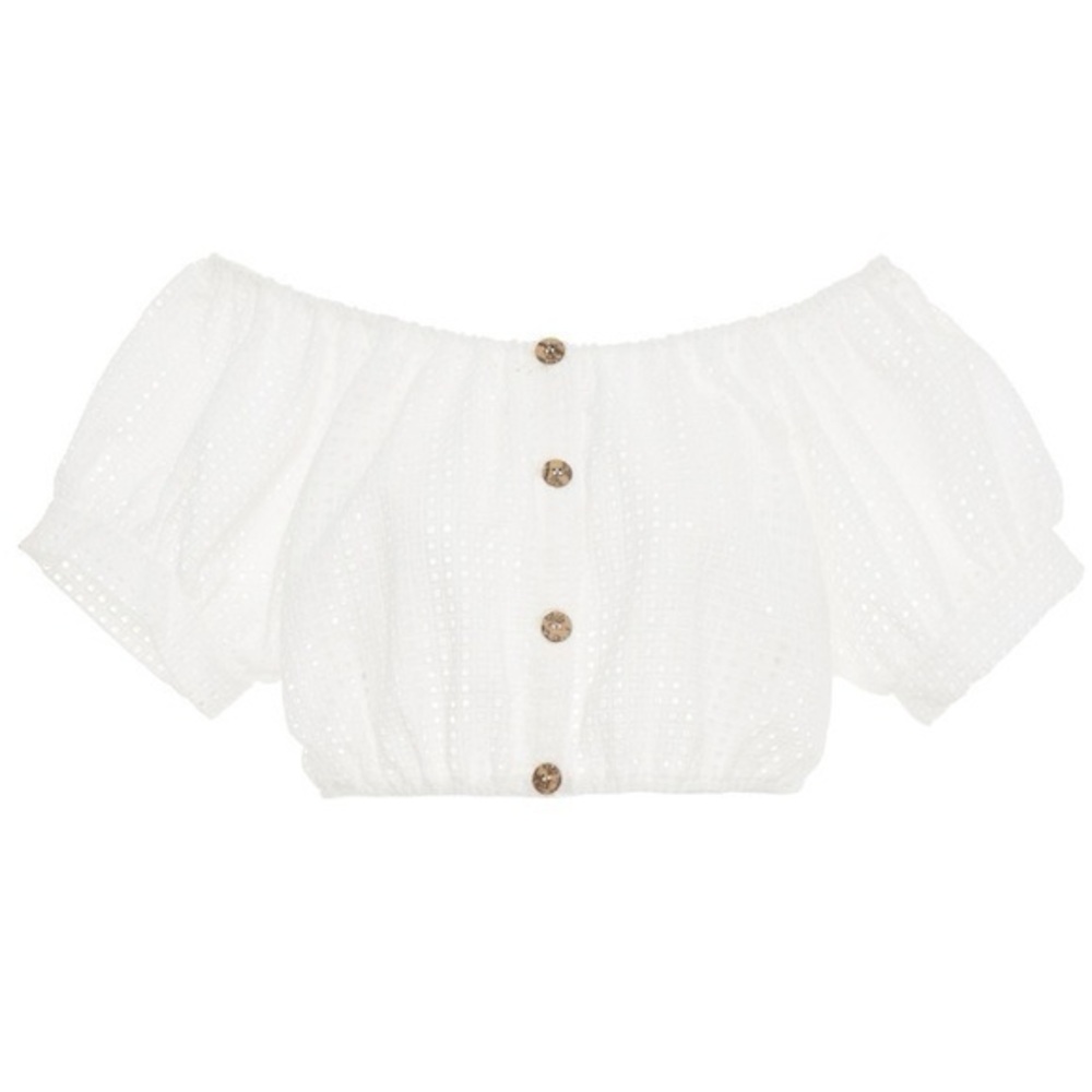 Eberjey White Eyelet Off Shoulder Crop Top Button Front Boho Cottagecore Small